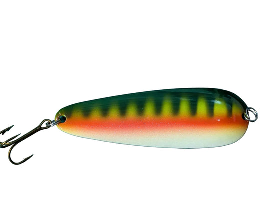 Fishing lure with a striped pattern on a white background
