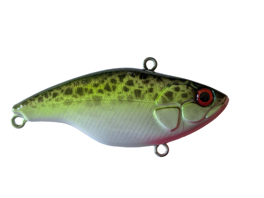 Fishing lure with green and pink pattern on a white background