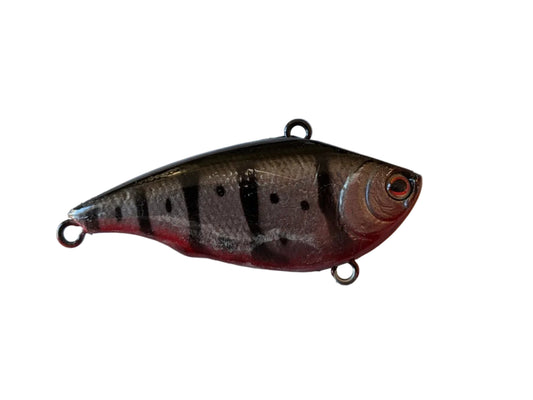 Fishing lure with a striped pattern on a white background