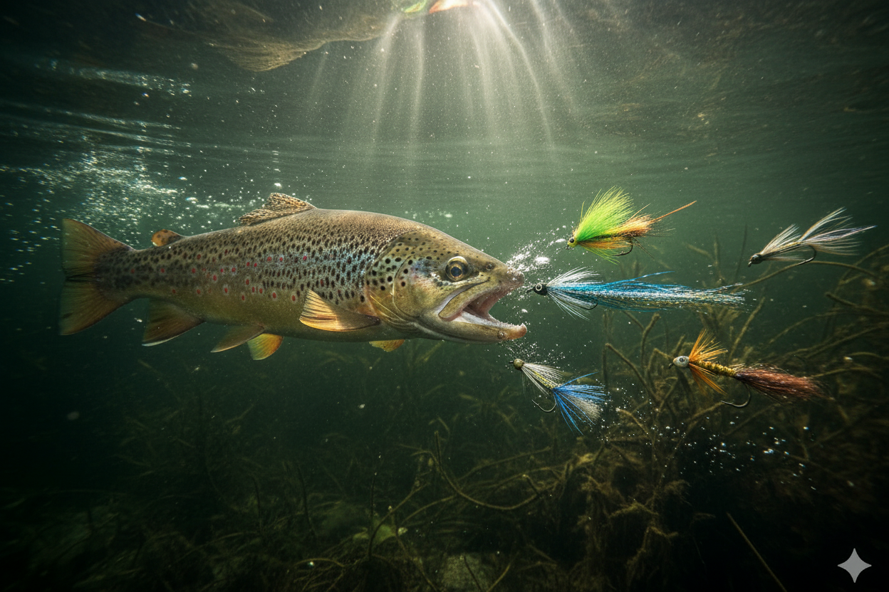 Dramatic Fly Fishing Underwater Action Shot